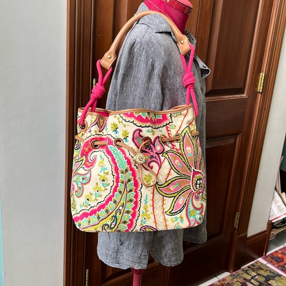 Spartina  Linen natural  shoulder bag   heavy duty  leather trim  hot pink/cream - Picture 3 of 17